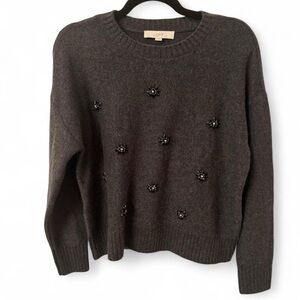 LOFT Dark Gray Embellished Crewneck Sweater Medium Cotton Blend Jeweled Flower